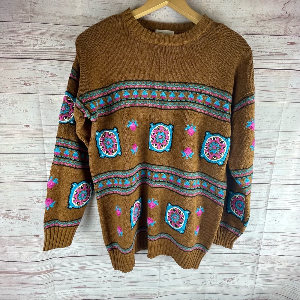 Vintage Cappagallo 100% Silk Sweater Woman’s Sz M Brown Embroidered Floral Boho